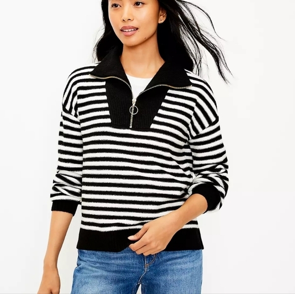 LOFT Sweaters - Loft Stripped 1/2 Zip Sweater Black And White Size Small